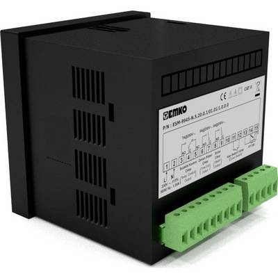 A black electronic control unit with green connection terminals, showing an interface panel table with connections and technical specifications.