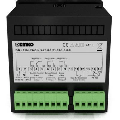A black EMKO device with model number 'ESM-9945-N.5.20.0.1/01.01/1.0.0.0'. Powered by 230V~ and used for temperature control.