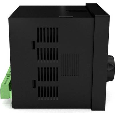 A black electronic device with ventilation slots on the side and green connectors, presumably a technical module.