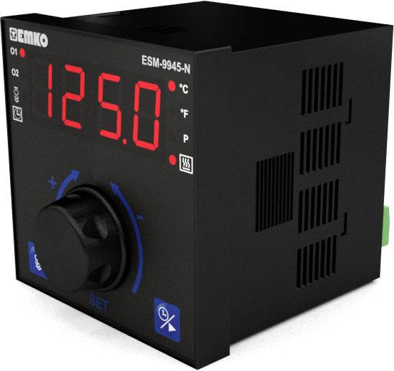 Temperature controller with digital display showing '125.0' degrees. Rotary knob underneath, several symbols on the front, black casing.