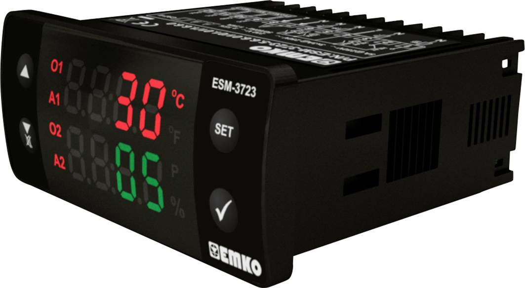 Electronic temperature controller with digital display showing 30°C; units in Celsius and Fahrenheit visible; brand 'Emko'.
