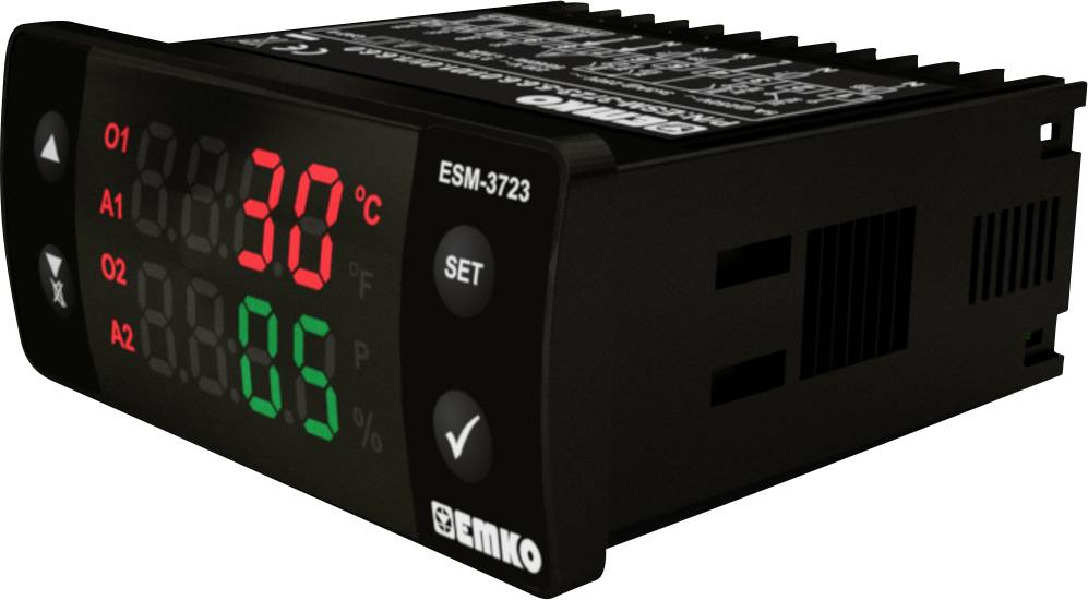 Digital temperature controller with a red display showing '30°C' and a green indicator displaying '85'. Device by Emko, Model ESM-3723.