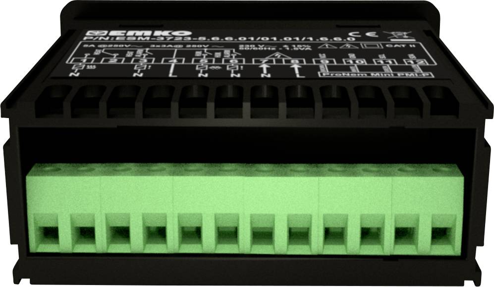 Black electronic device with green connection terminals. Top surface contains technical inscription and symbols. Used for electrical connections.