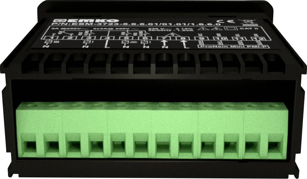 A black electronic device with green connectors, likely a control module offering multiple ports.