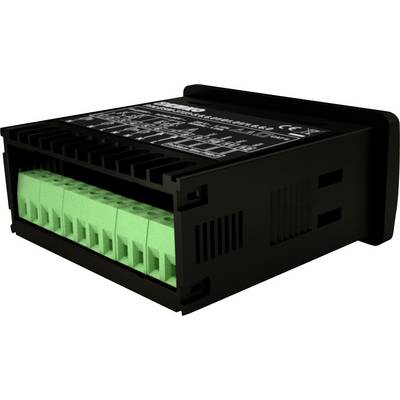 Black electronic controller with green connectors; contains technical specifications on the top surface.