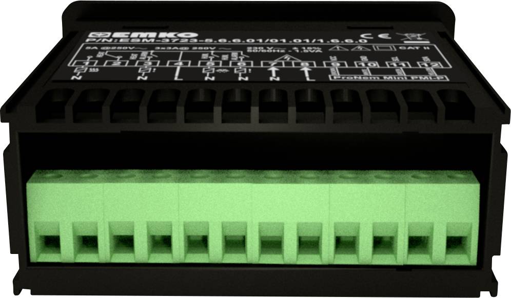 A black electronic connection module with green terminals; technical details on the upper label are slightly visible.