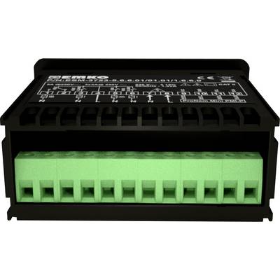A black electronic connection module with green terminals; technical details on the upper label are slightly visible.
