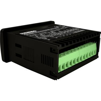 Black electronic device with green connectors, likely a relay or switching module. Technical specifications are printed on the top.