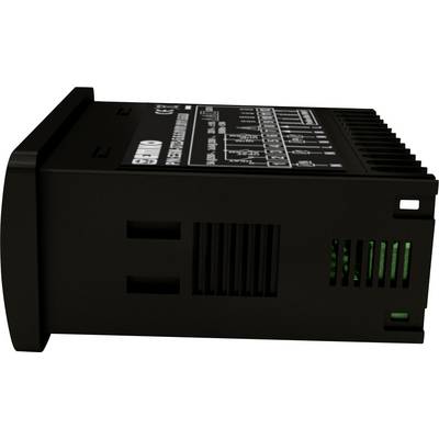 A black electronic device with ventilation slots and printed technical information on the top surface.