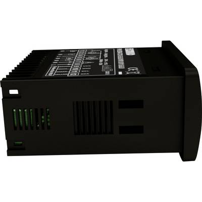 Black electronic device with ventilation slots on the side. White markings and technical information are located on the top.
