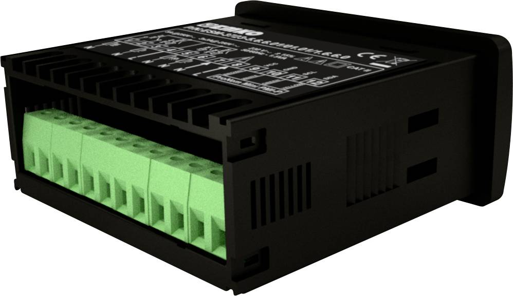 A black electronic device with green connection terminals, likely an automation module, displays technical specifications on its top surface.