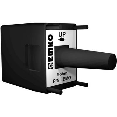 A rectangular black module from EMKO with a cylindrical extension. 'UP' and an upward arrow are depicted on the top.