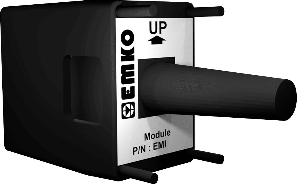 Black technical module with the inscription 'EMKO' and 'UP'. Front side featuring a protruding cylindrical element.
