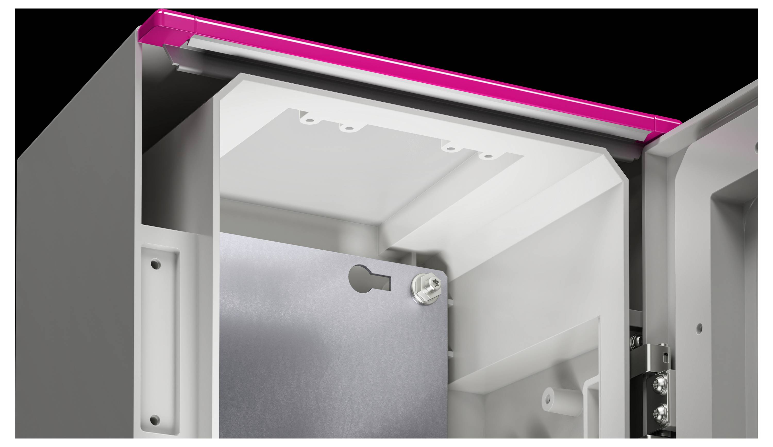 An open electrical cabinet with a grey metal frame and a pink upper edge. Visible hinges and an internal mounting tray.