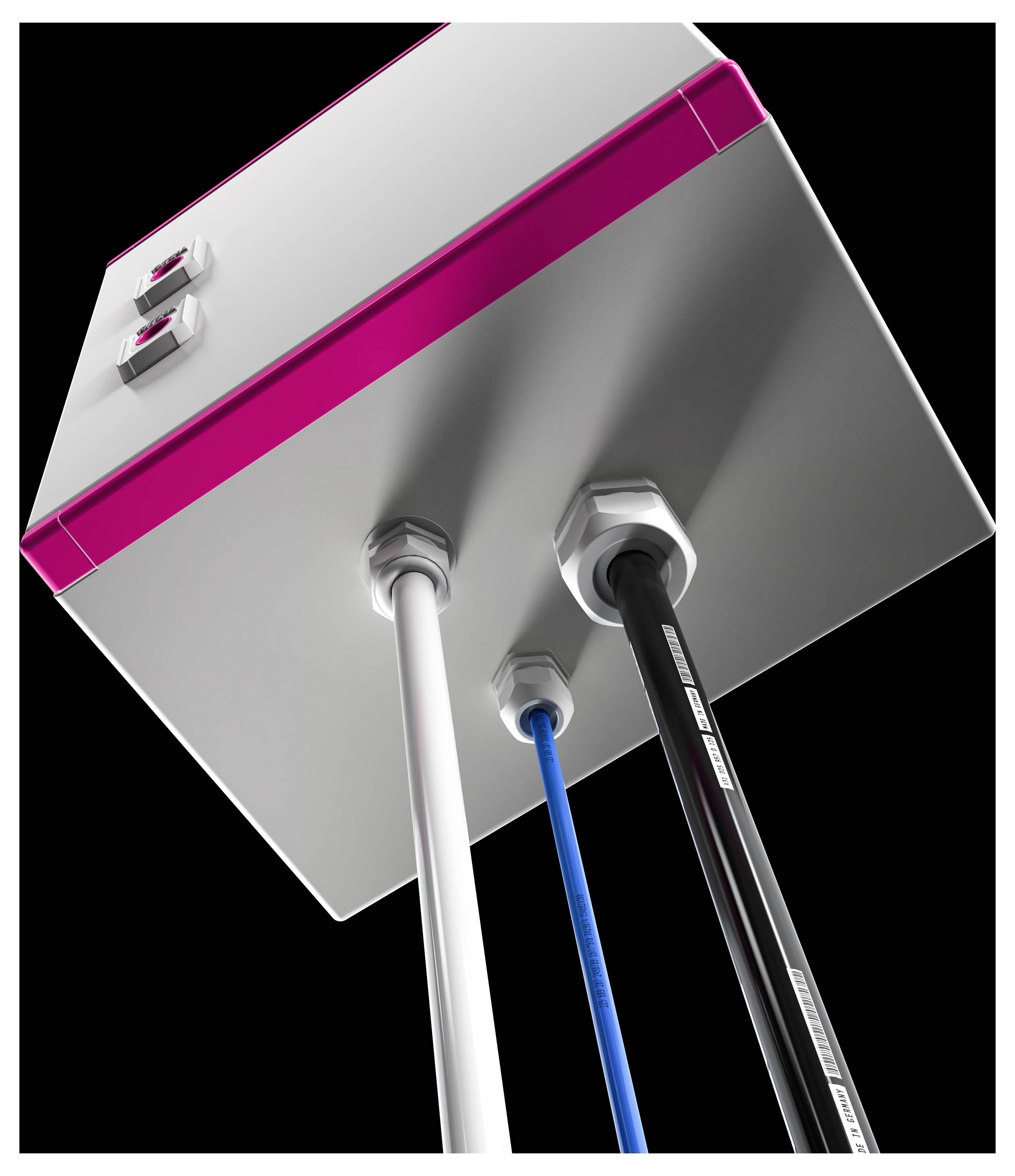 Electronics box with pink stripes, three connected cables: white, blue, black, protruding downwards.