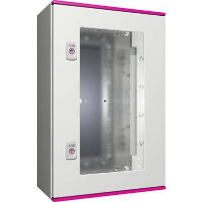 Case with a transparent front panel, two locks, grey interior, and pink edges.