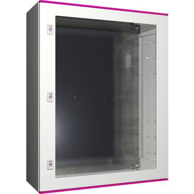 Metal cabinet with glass door, light-coloured frame and pink accent stripes along the edges. Rectangular design, suitable for wall mounting.