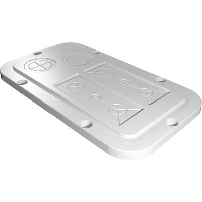 Metal plate with circular and rectangular embossings and rounded corners. Screw holes at the edges.