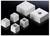 Various sizes of silver, square metal bases with threads, arranged in two rows against a black background.