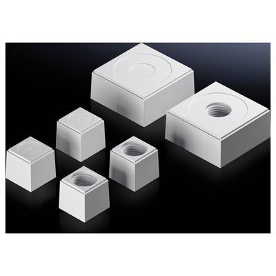 Six silver, differently sized square metal blocks with a threaded hole in the centre, on a black background.