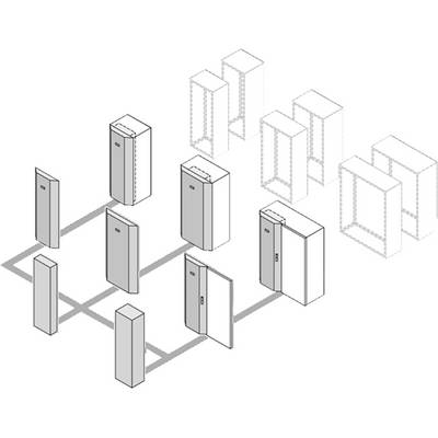 Isometric drawing of a server room with multiple server cabinets arranged in two rows, with some cabinets depicted as transparent.