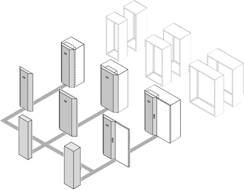 Diagram of a network architecture with connected server racks in two rows. Foreground shows detailed racks, background schematic.