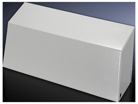 A grey, rectangular metal enclosure with a bevelled top, set against a dark grey background. Suitable for electronic components.