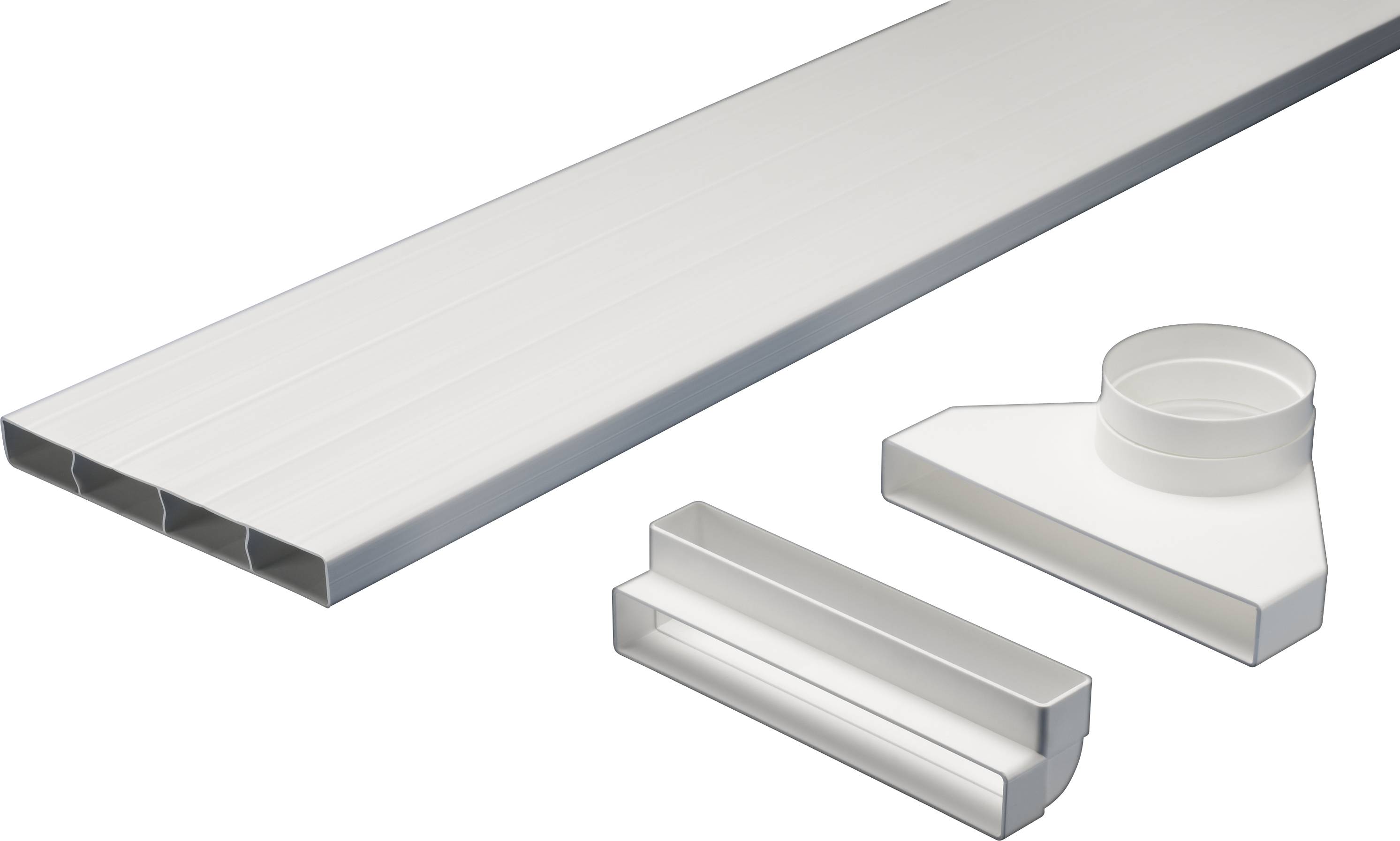 White ventilation ducts with matching connectors, used for interior ventilation systems.