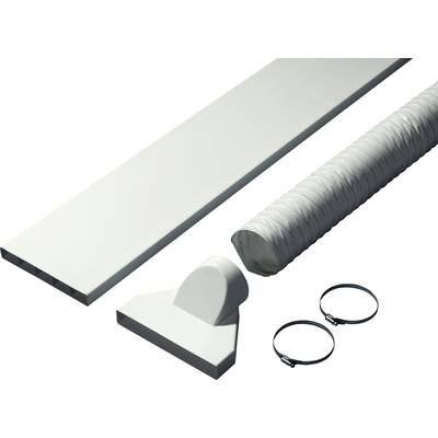 A air conditioning installation kit with a rectangular hose adapter, flexible hose, cover, and two hose clips.