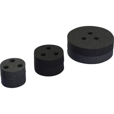 Three black foam discs with three holes of varying sizes, from small on the left to large on the right.