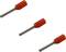 Three red cable end ferrules with metallic connection, diagonally aligned.