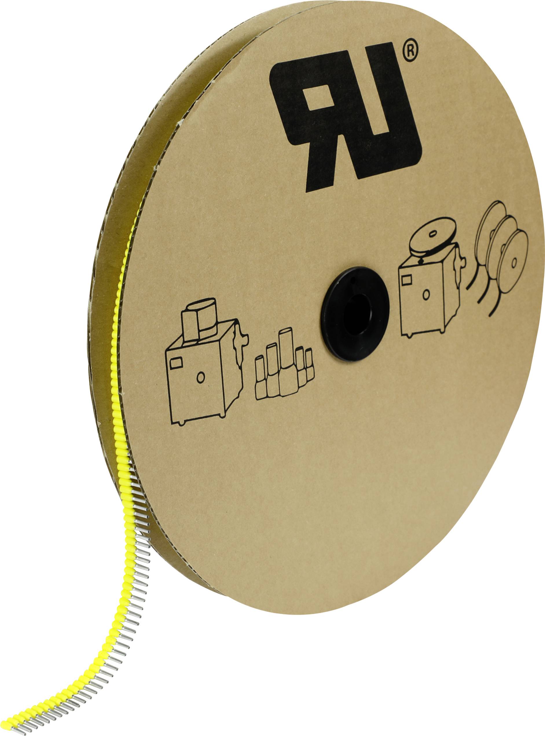 Cardboard roll with a yellow ribbon, printed with machinery and installation symbols, along with an 'RU' logo.