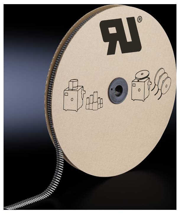 A large reel with a tape wound lengthwise. The cardboard side displays machine symbols and a logo.