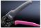 A crimping tool with ergonomic handles; one side black, the other pink. Tool for cable connections.