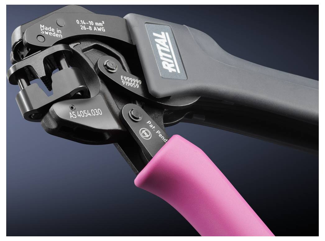 The image shows a crimping plier by Rittal with a black handle and a pink lever. It is suitable for cable cross-sections ranging from 0.14–10 mm².