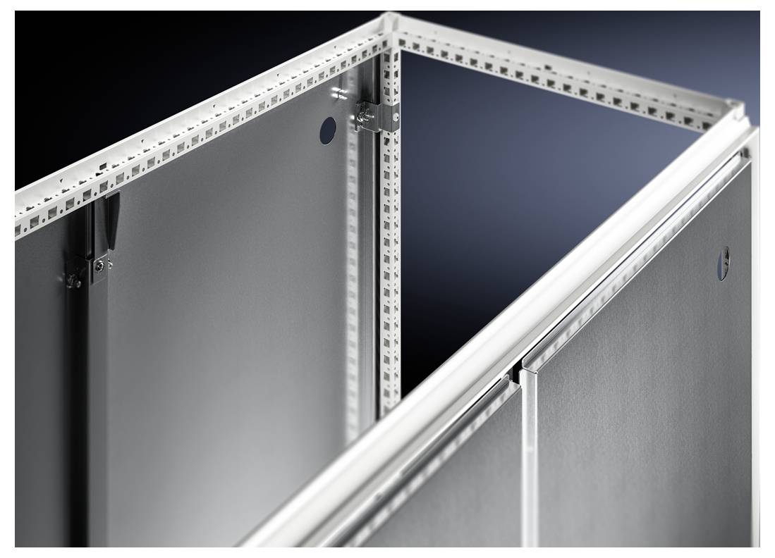 Grey-metallic electrical cabinet, partially open, showing interior structure and hinges in a detailed close-up.