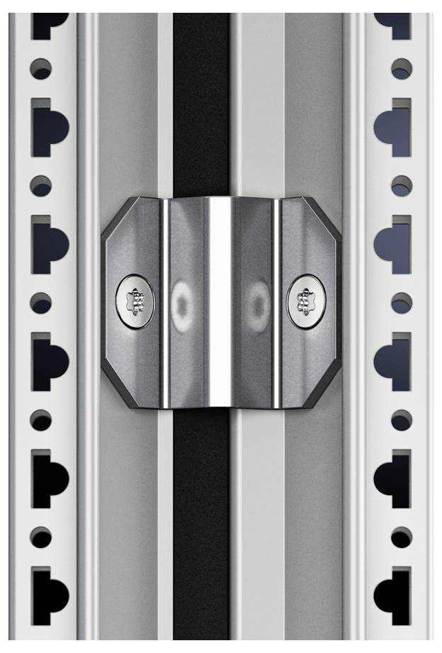 A metallic structural component with various recesses and a centrally mounted plate, suitable for use in constructions.