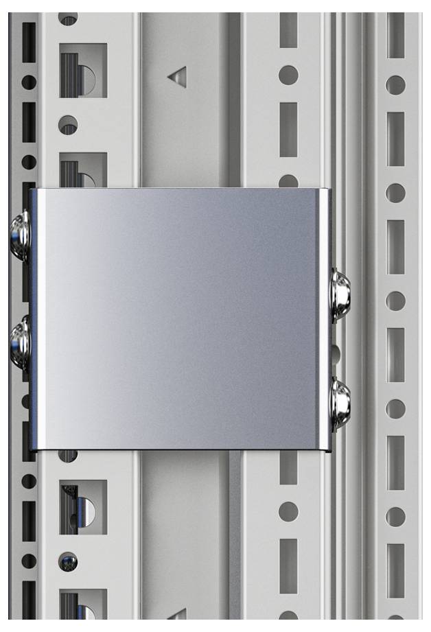 Metal end cap mounted on an aluminium post; visible screw fixings; part of a structural fixing.