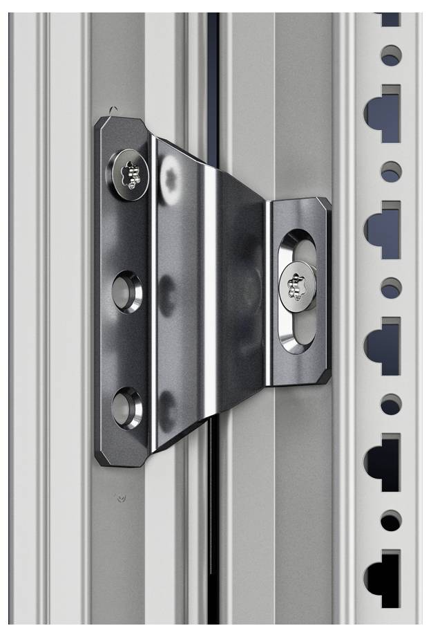 Metal bracket connects two vertical aluminium profiles with holes along the sides, showing mounting options.