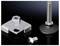 Three metal components: a rectangular plate with a screw hole, a threaded bolt with a round base, and a small screw.