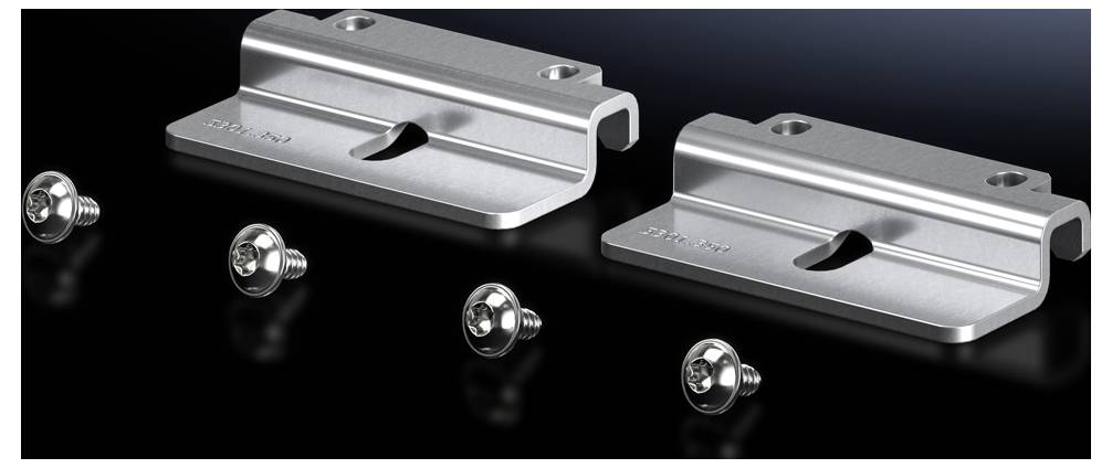 Two silver metal brackets with four screws on a black background. The brackets have slots for screw or plug mounting.