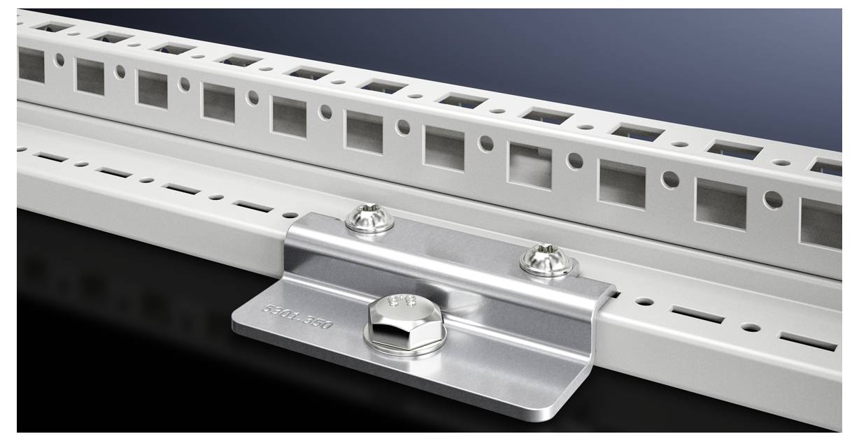 Metal rail with multiple rectangular cut-outs, secured by a silver retaining clip with two screws on a dark surface.