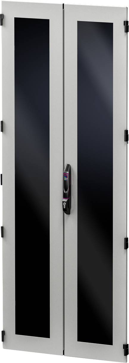 An electrical distribution board with two doors, black-glazed glass and a central handle.