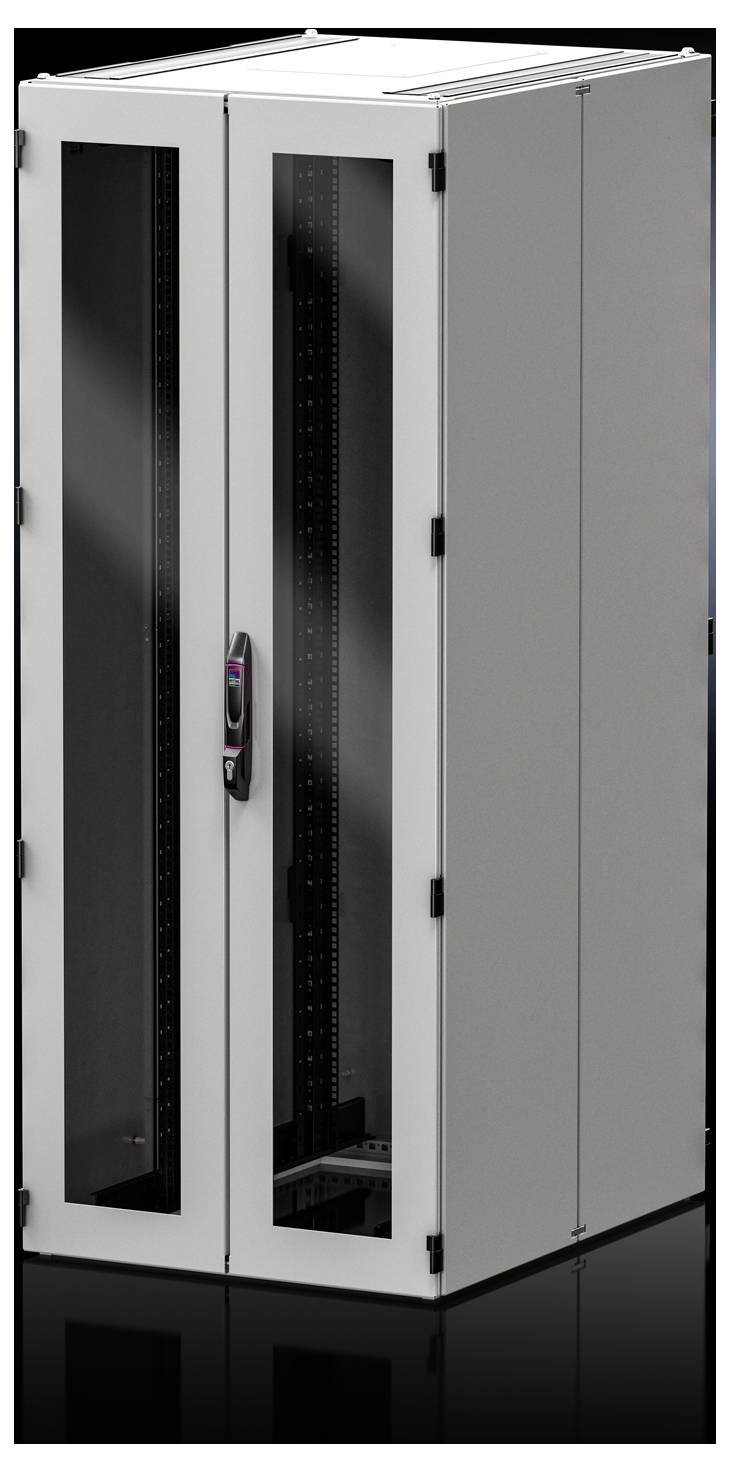 Server cabinet with glass door and black frame, suitable for storing network devices in a data centre.