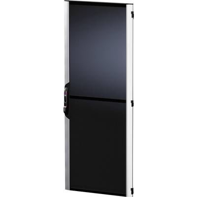A black, rectangular door with a vertical handle on the left side and a fine-meshed lattice design.