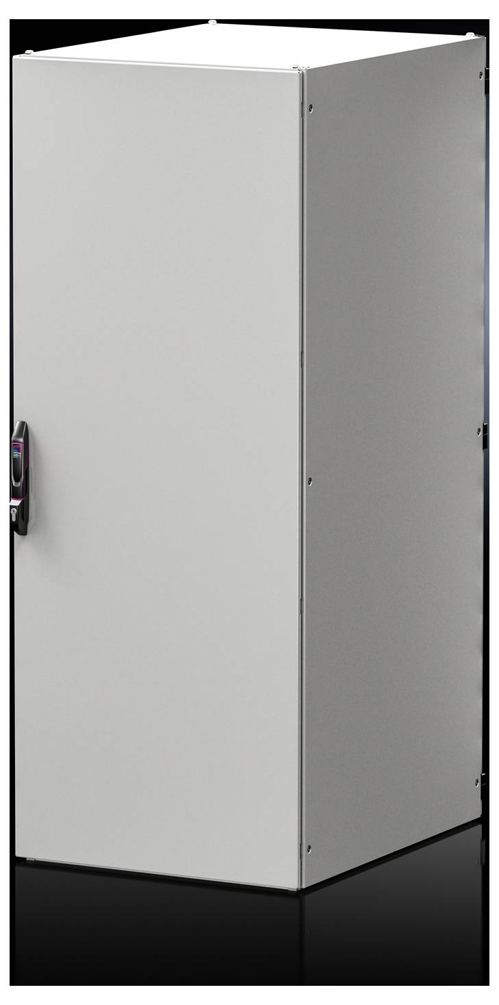 Grey painted metal cabinet with closed side and back panels. A single handle on the front, no visible openings.