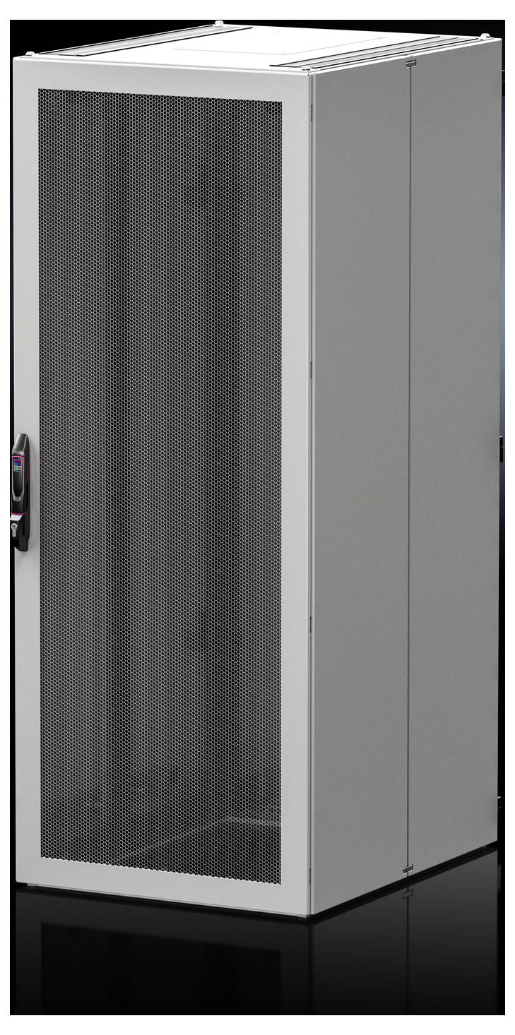 A grey server cabinet with a perforated metal door stands on a dark floor. The cabinet has a simple, modern design.