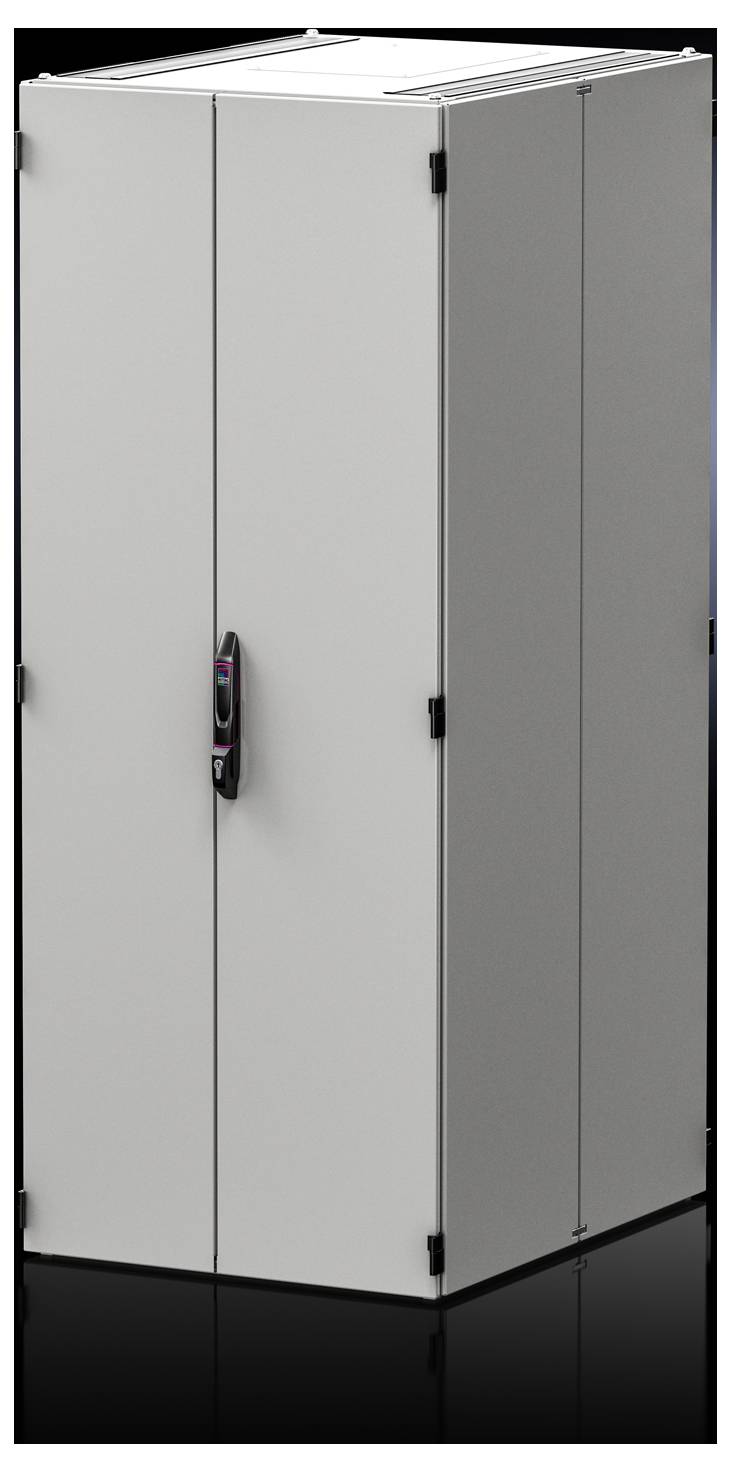 A grey metal cabinet with a black handle, standing on a glossy black floor. The cabinet is suitable for storage.