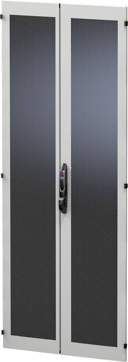 A grey metal cabinet with a black, perforated double door and a central handle, suitable for use in technical areas.