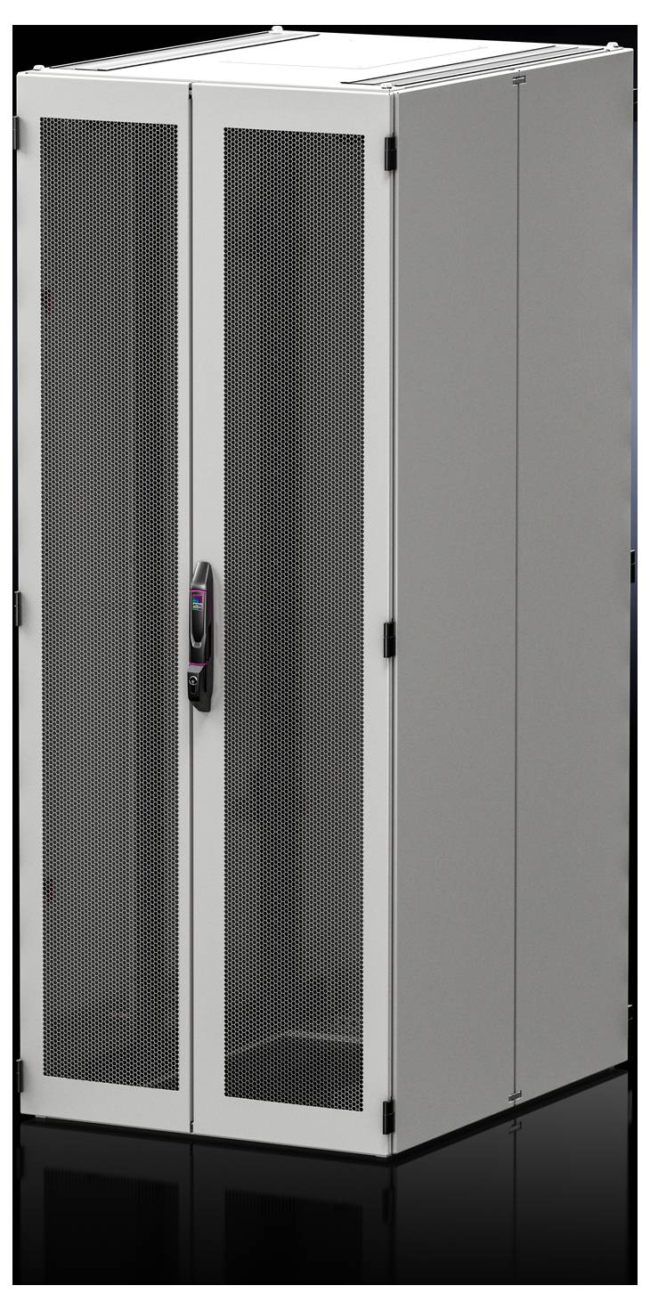 A grey server cabinet with mesh doors stands on a dark floor. The doors have handles and black hinges.